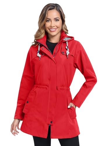 EnduaReve Regenjacke Damen Lang Wasserdicht Atmungsaktiv Regenmantel Übergangsjacke Kapuze Outdoor Jacke Rot L von EnduaReve