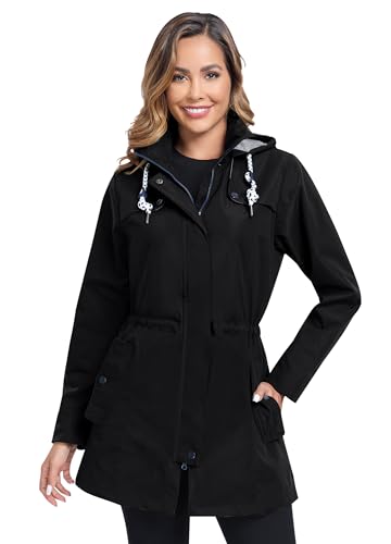 EnduaReve Regenjacke Damen Lang Wasserdicht Atmungsaktiv Regenmantel Übergangsjacke Kapuze Outdoor Jacke Schwarz XXL von EnduaReve