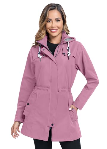 EnduaReve Regenjacke Damen Lang Wasserdicht Atmungsaktiv Regenmantel Übergangsjacke Kapuze Outdoor Jacke Trockene Rose XXL von EnduaReve