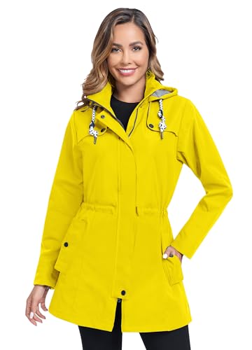 EnduaReve Regenjacke Damen Lang Wasserdicht Regenmantel Leichte Übergangsjacke Gefütterte Trenchcoat Kapuze Outdoor Jacke Zitronengelb S von EnduaReve