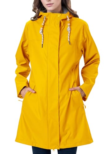 EnduaReve Regenmantel Damen Übergangsjacke PU Wasserdicht Frauen Regenjacke Lang Parka Regenparka mit Kapuze Outdoor Gelb S von EnduaReve