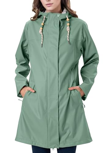 EnduaReve Regenmantel Damen Übergangsjacke PU Wasserdicht Frauen Regenjacke Lang Parka Regenparka mit Kapuze Outdoor grün L von EnduaReve