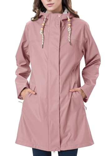 EnduaReve Regenmantel Damen Übergangsjacke PU Wasserdicht Frauen Regenjacke Lang Parka Regenparka mit Kapuze Outdoor rosa XL von EnduaReve