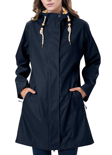 EnduaReve Regenmantel Damen Übergangsjacke PU Wasserdicht Frauen Regenjacke Lang Parka Regenparka mit Kapuze Outdoor blau L von EnduaReve