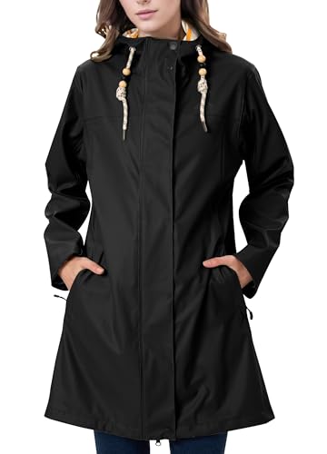 EnduaReve Regenmantel Damen Übergangsjacke PU Wasserdicht Frauen Regenjacke Lang Parka Regenparka mit Kapuze Outdoor Schwarz L von EnduaReve