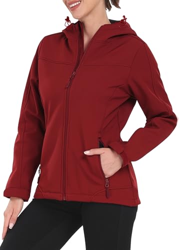 EnduaReve Softshelljacke Damen Wasserdichte Übergangsjacke Atmungsaktive Regenjacke Winddichte Jacke Gefüttert Kapuze für Outdoor Wandern Dunkelrot S von EnduaReve