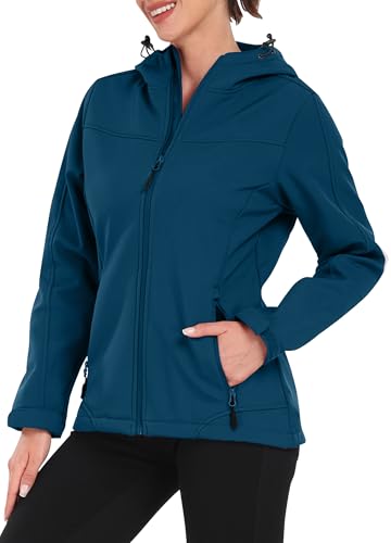 EnduaReve Softshelljacke Damen Wasserdichte Übergangsjacke Atmungsaktive Regenjacke Winddichte Jacke Gefüttert Kapuze für Outdoor Wandern Dunkles Cyan XL von EnduaReve