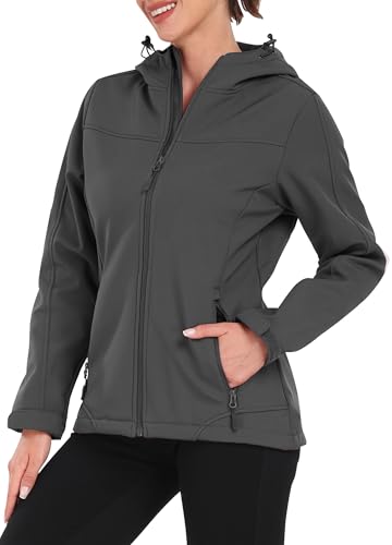 EnduaReve Softshelljacke Damen Wasserdichte Übergangsjacke Atmungsaktive Regenjacke Winddichte Jacke Gefüttert Kapuze für Outdoor Wandern Grau XL von EnduaReve
