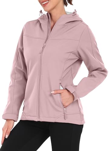 EnduaReve Softshelljacke Damen Wasserdichte Übergangsjacke Atmungsaktive Regenjacke Winddichte Jacke Gefüttert Kapuze für Outdoor Wandern Hellrosa M von EnduaReve