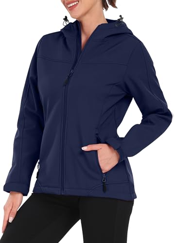 EnduaReve Softshelljacke Damen Wasserdichte Übergangsjacke Atmungsaktive Regenjacke Winddichte Jacke Gefüttert Kapuze für Outdoor Wandern Navy Blau XL von EnduaReve