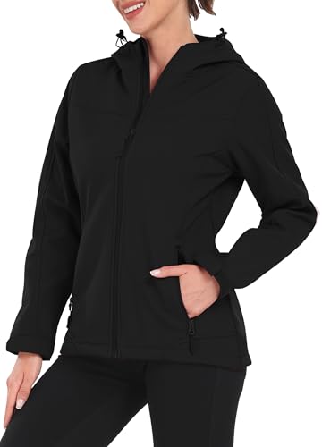 EnduaReve Softshelljacke Damen Wasserdichte Übergangsjacke Atmungsaktive Regenjacke Winddichte Jacke Gefüttert Kapuze für Outdoor Wandern Schwarz 3XL von EnduaReve