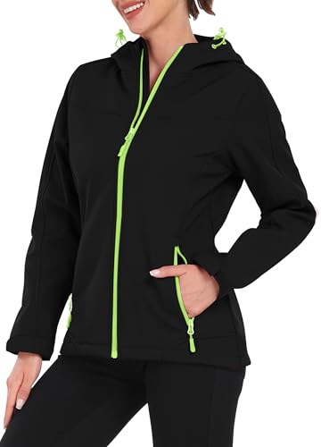 EnduaReve Softshelljacke Damen Wasserdichte Übergangsjacke Atmungsaktive Regenjacke Winddichte Jacke Gefüttert Kapuze für Outdoor Wandern Schwarzgrün L von EnduaReve
