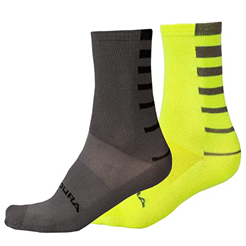 Endura Coolmax Herren Fahrradsocken, gestreift, Doppelpack, Hi-Viz Gelb, Large-X-Large von Endura