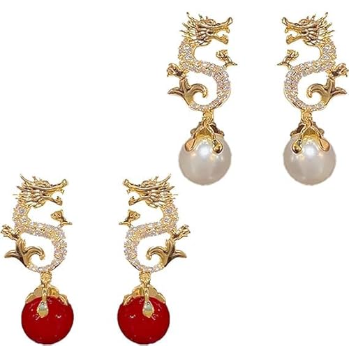 Dragon Hanging Bead Earrings - Have One's Wishes Come True! Pearls Drop Dangle Dragon Shape Earrings, 14K Gold Plated Dragon Earrings, Chinese Dragon Inspired Jewelry for Women (white) von Endyniner