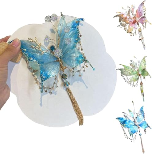 Haarspange mit Schmetterlingstränen, große Feenflügel-Haarspangen, 3D-bewegliche Flügel, Haarspangen für Frauen, Schmetterlings- und Perlen-Design, Haarklammern für Frisuren (blau) von Endyniner