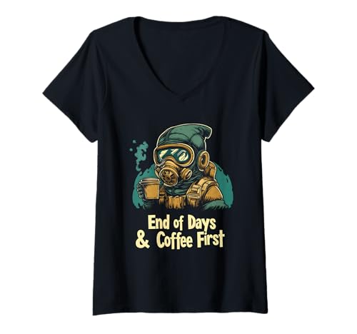 Damen Witziges Apokalypse Kaffee-Design T-Shirt mit V-Ausschnitt Damen Witziges Apokalypse Kaffee-Design T-Shirt mit V-Ausschnitt von Endzeit Kaffee Kleidung