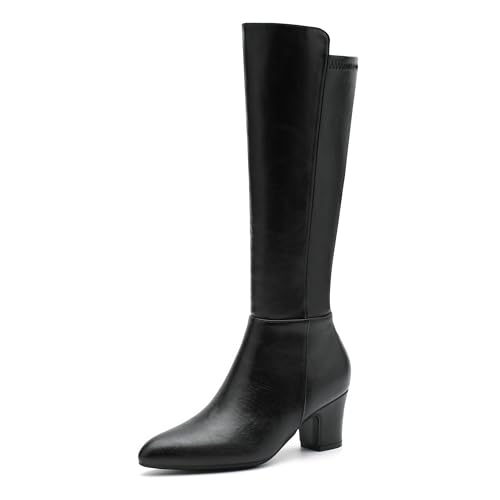 Enelauge Damen Kniehohe Stiefel Chunky Heel Pointed Toe Gogo Boots mit seitlichem Reißverschluss Kleid Mode Hohe Stiefel für Frauen, Schwarz, 37 EU von Enelauge
