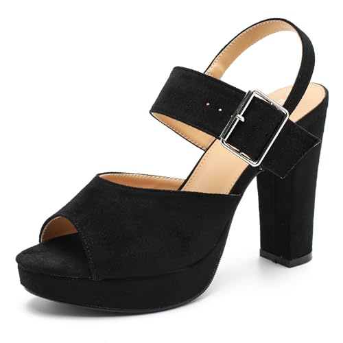 Enelauge Damen Plateau Chunky High Heels Sandalen Peep Toe Knöchelriemen Schnalle Blockabsatz Kleid Braut Hochzeit Party Abendschuhe, Schwarzes Wildleder, 43 EU von Enelauge