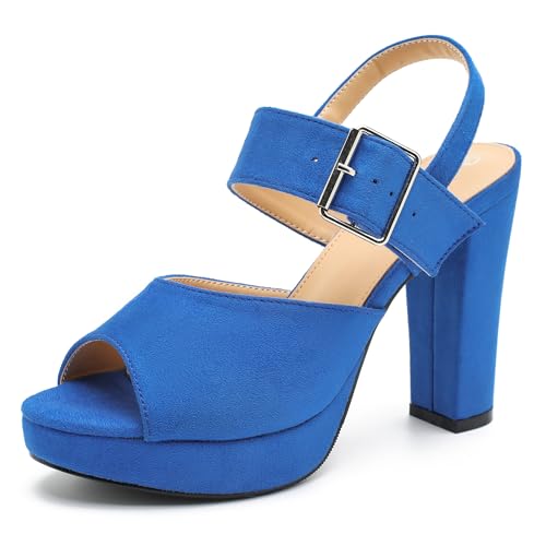 Enelauge Damen Plateau Chunky High Heels Sandalen Peep Toe Knöchelriemen Schnalle Blockabsatz Kleid Braut Hochzeit Party Abendschuhe, Veloursleder in Königsblau, 43 EU von Enelauge
