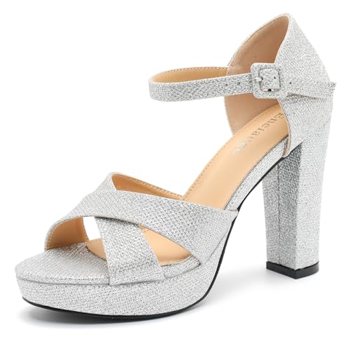 Enelauge Damen Plateau-Sandalen mit hohem Absatz, offener Zehenbereich, Knöchelriemen, Blockabsätze, Kleid, Braut, Hochzeit, Party, Abendschuhe, Silber Glitter, 43 EU von Enelauge
