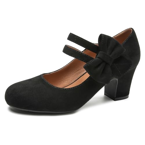 Enelauge Mary Jane Heels mit Schleife Retro Geschlossene Runde Zehen Pumps Süß Knöchelriemen Low Block Heels Chic Bowtie Vintage Kleid Hochzeit Party Büro Alltag Schuhe, Schwarzes Wildleder, 38.5 EU von Enelauge