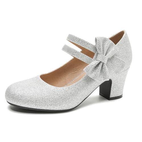 Enelauge Mary Jane Heels mit Schleife Retro Geschlossene Runde Zehen Pumps Süß Knöchelriemen Low Block Heels Chic Bowtie Vintage Kleid Hochzeit Party Büro Alltag Schuhe, Silber Glitter, 42.5 EU von Enelauge