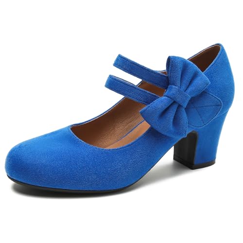 Enelauge Mary Jane Heels mit Schleife Retro Geschlossene Runde Zehen Pumps Süß Knöchelriemen Low Block Heels Chic Bowtie Vintage Kleid Hochzeit Party Büro Alltag Schuhe, Veloursleder in Königsblau, 42 von Enelauge