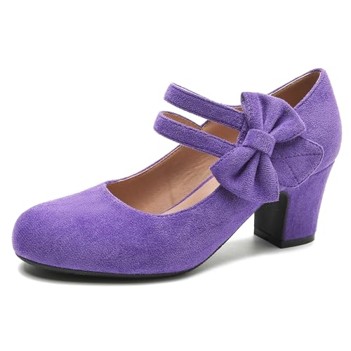 Enelauge Mary Jane Heels mit Schleife Retro Geschlossene Runde Zehen Pumps Süß Knöchelriemen Low Block Heels Chic Bowtie Vintage Kleid Hochzeit Party Büro Alltag Schuhe, Violettes Wildleder, 35.5 EU von Enelauge