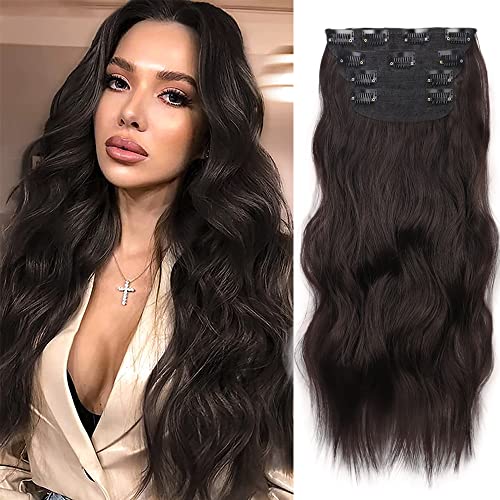 Clip in Extensions 50cm Braun 4 Teiliges Set 200g wie Echthaar Haarverlängerung Haarteile Clip in Extension Lang Locken Synthetisch Haarteile Zopf für Damen 6# 050B von Enenblau