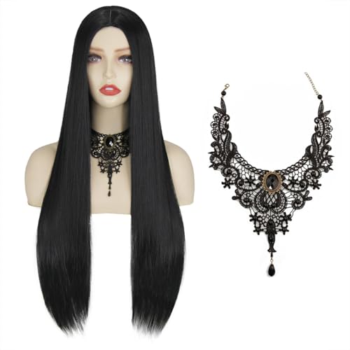 Perücke Lang Schwarz Glatt Perücken für Hexe Witch Kostüm Wig mit Perücke Kappe für Halloween Fasching Party 090 von Enenblau