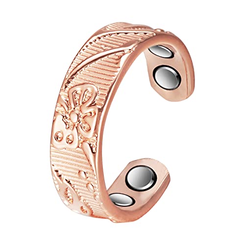 EnerCoppeX Magnetischer Damen-Ring aus reinem Kupfer, wunderschön graviertes Pflaumenmuster, 4 Magnete, frei verstellbar, Geschenkbeutel inklusive, Kupfer von EnerCoppeX