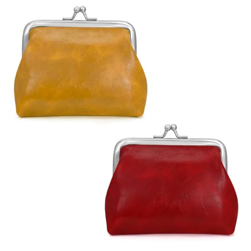 Energather 2PCS Coin Purse, PU Leder Münzbörsen für Damen und Mädchen, Exquisite Mini Geldbeutel Geldbörse Damen Klein mit Kiss Lock zum Einkaufen, Reisen, Dating (rot+gelb) von Energather
