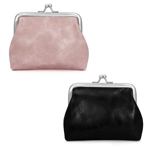 Energather 2PCS Coin Purse, PU Leder Münzbörsen für Damen und Mädchen, Exquisite Mini Geldbeutel Geldbörse Damen Klein mit Kiss Lock zum Einkaufen, Reisen, Dating (schwarz+pink) von Energather