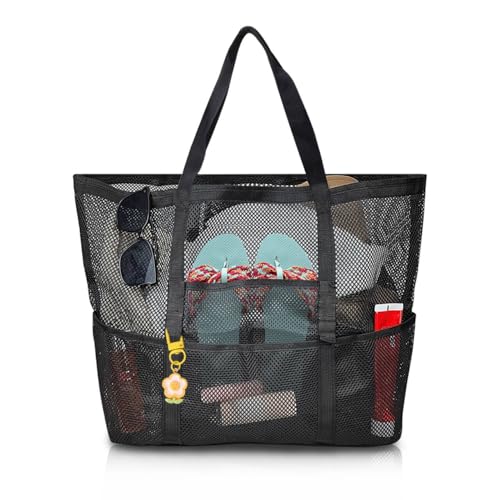 Energather Damen Strandtasche, Mesh Beach Bag Tote Bag Badetasche mit Mehrfachtaschen, Portable Handtaschen Beach Tote Organizer-Tasche mit Griffen für Strand Fitness,Studio(schwarz) von Energather