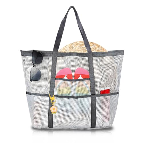 Energather Damen Strandtasche, Mesh Beach Bag Tote Bag Badetasche mit Mehrfachtaschen, Portable Handtaschen Beach Tote Organizer-Tasche mit Griffen für Strand Fitness,Studio, Studentenwohnheim (weiß) von Energather