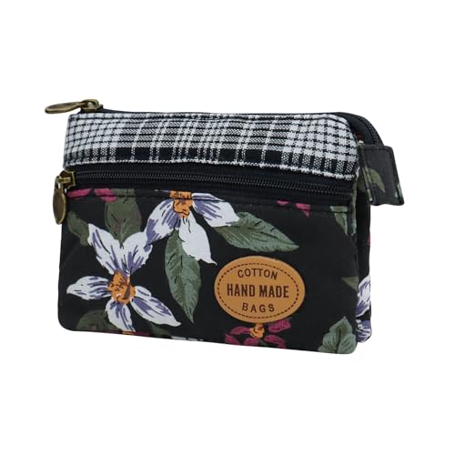 Energather Mini Geldbeutel, Baumwoll Coin Purse Münzbörsen für Damen und Frauen, Blumenmuster Mini Portemonnaie Klein mit Reißverschluss für Kleingeld, Karte, Quittung, Münzen (Schwarz) von Energather