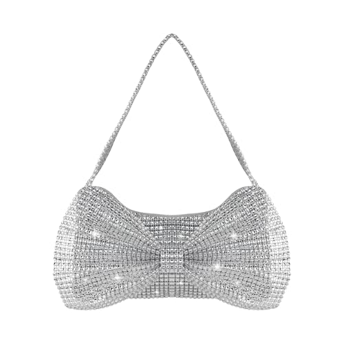Energather Handtasche Damen Klein, Funkelnde Strass Abend Handtasche mit Bowknot, Elegante Glitzer Kleine Handtasche Damen für Party Prom Hochzeit (Silber) von Energather