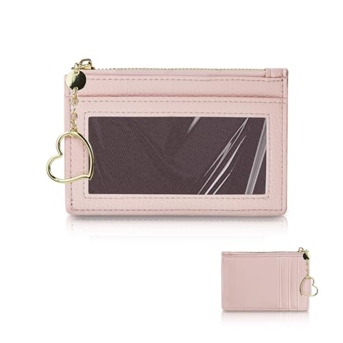 Energather Kartenetui für Damen, PU-Leder, schmal, minimalistisch, Kreditkartenetui mit herzförmigem Reißverschluss, mehrere Fächer, kleine Geldbörsen für Arbeit, Einkaufen und tägliche Reisen, rose von Energather