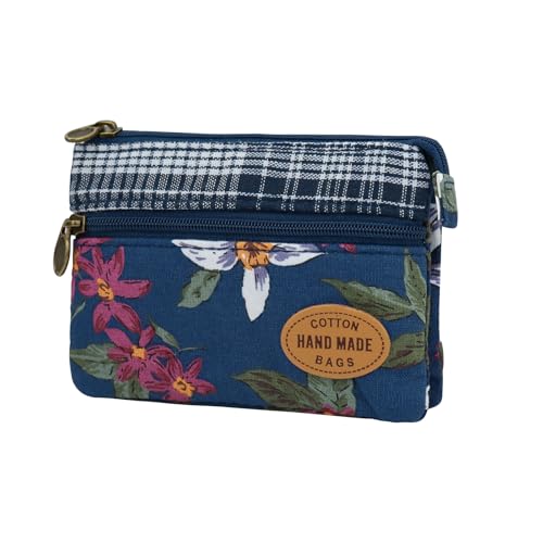 EnerGather Münztasche aus Baumwolle, Blumenmuster mit Reißverschluss für Kleingeld, Karte, Quittung, blau, Tragbar von Energather