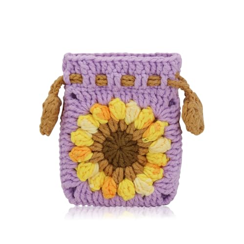Energather Münzgeldbeutel, Gehäkelte Baumwolle Kleingeldbörse Mini Tasche für Frauen, Geldbörse Klein mit Kordelzug Design Kompakte Geldbeutel Damen für Schlüssel, Lippenstift, Änderung (Lila) von Energather