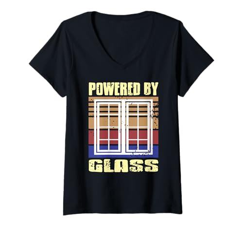 Damen Angetrieben von Glas Retro Fenster Glaser Arbeit T-Shirt mit V-Ausschnitt von Energie für Glashandwerker Monteure
