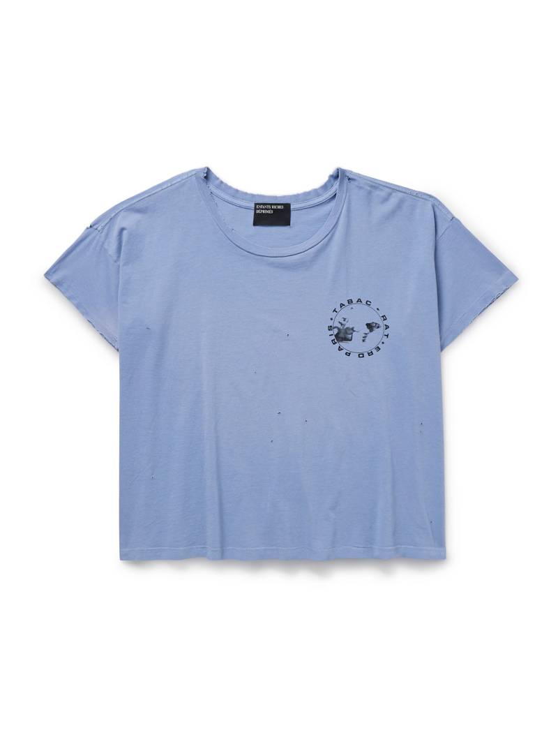 Enfants Riches Déprimés - Cropped Distressed Logo-Print Garment-Dyed Cotton-Jersey T-Shirt - Men - Blue - M von Enfants Riches Déprimés