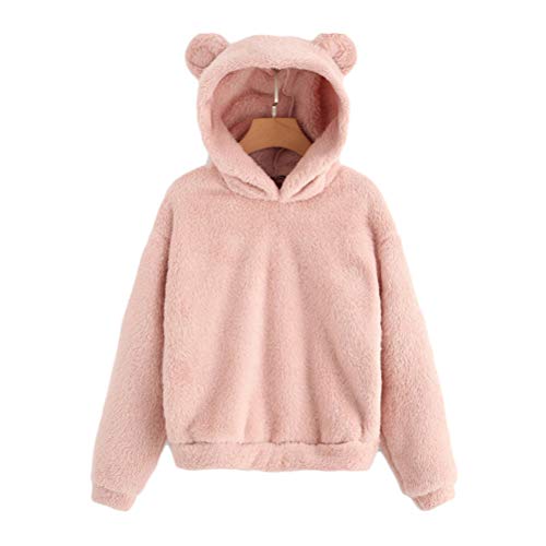 Enfei Frauen Rosa Schöne Mit Bären Ohren Fleece Feste Hoodie Pullover Mädchen Langarm Casual Sweatshirts von YEMOCILE