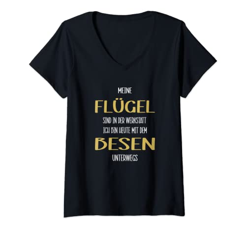 Damen Meine Flügel sind in der Werkstatt, witziges Engel und Hexe T-Shirt mit V-Ausschnitt von Engel oder Hexen mit Besen Ironie Sarkasmus