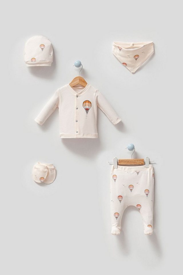 Engelbaby Erstausstattungspaket 5-teilige Erstausstattungs-Set Geburt Heißluftballon 100% Baumwolle (Set, 5-tlg., Langarm, Hose, Lätzchen, Handschuhe, Mütze) 5-teilig 100% Baumwolle komplett Outfit 0-3 M Erstausstattungs-set von Engelbaby