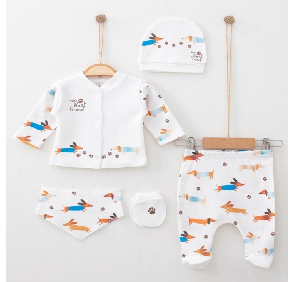 Engelbaby Erstausstattungspaket 5-teilige Erstausstattungs-Set Neugeborenen Hund-Motiv 100% Baumwolle (Set, 5-tlg., Hose, Langarm, Mütze, Lätzchen, Handschuhe) komplett Outfit 5-Teilig 100% Baumwolle Erstausstattungs-set von Engelbaby