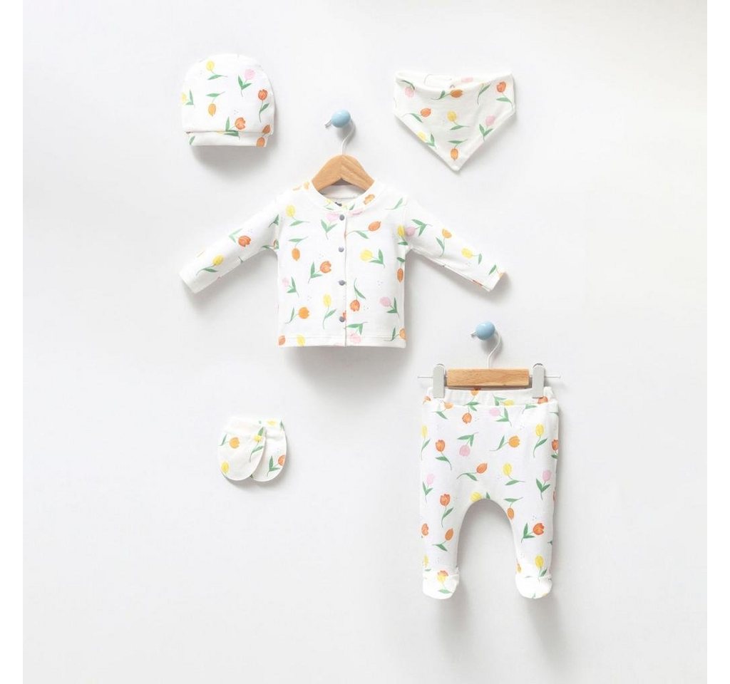 Engelbaby Erstausstattungspaket 5-teiliges 0-3 Monate Neugebornen-Set Tulpen-Motiv 100 % Baumwolle (Set, 5-tlg., Langarm, Hose, Lätzchen, Mütze, Handschuhe) komplett Outfit 5-teilig 100 % Baumwolle Tulpen-Motiv von Engelbaby