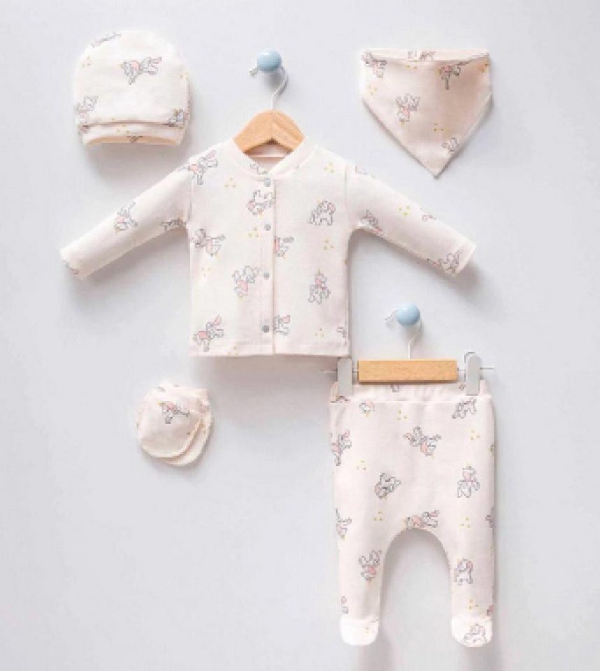 Engelbaby Erstausstattungspaket 5-teiliges Neugeborenen-Set 0-3 Monate 100% Baumwolle Einhorn-Motiv (Set Spar-Set, 5-tlg., Langarmshirt, Hose, Mütze, Lätzchen, Handschuhe) 100% Baumwolle 5-teilig komplett Outfit 0-3 Monate von Engelbaby