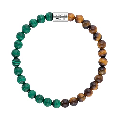 Engelsrufer Damen Stretch-Armband aus Sterling Silber mit 30 echten Edelstein Perlen Malachit und Tigerauge - Protection & Balance Gravur - nickelfrei - Größe: M von Engelsrufer