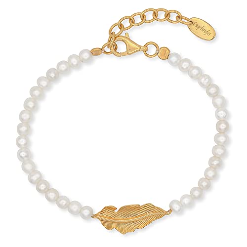 Engelsrufer Damen Armband aus vergoldetem Sterling Silber mit Feder Anhänger gold und echten Süßwasserperlen - Karabinerverschluss - längenverstellbar - nickelfrei von Engelsrufer